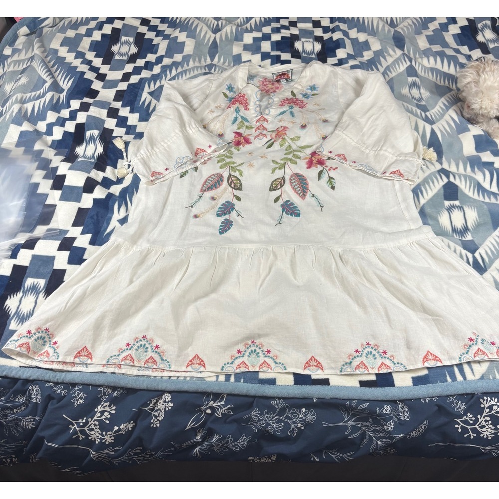 Johnny Was XXL White Embroidered Linen Tunic Dress Boho Floral Peacock Tassels